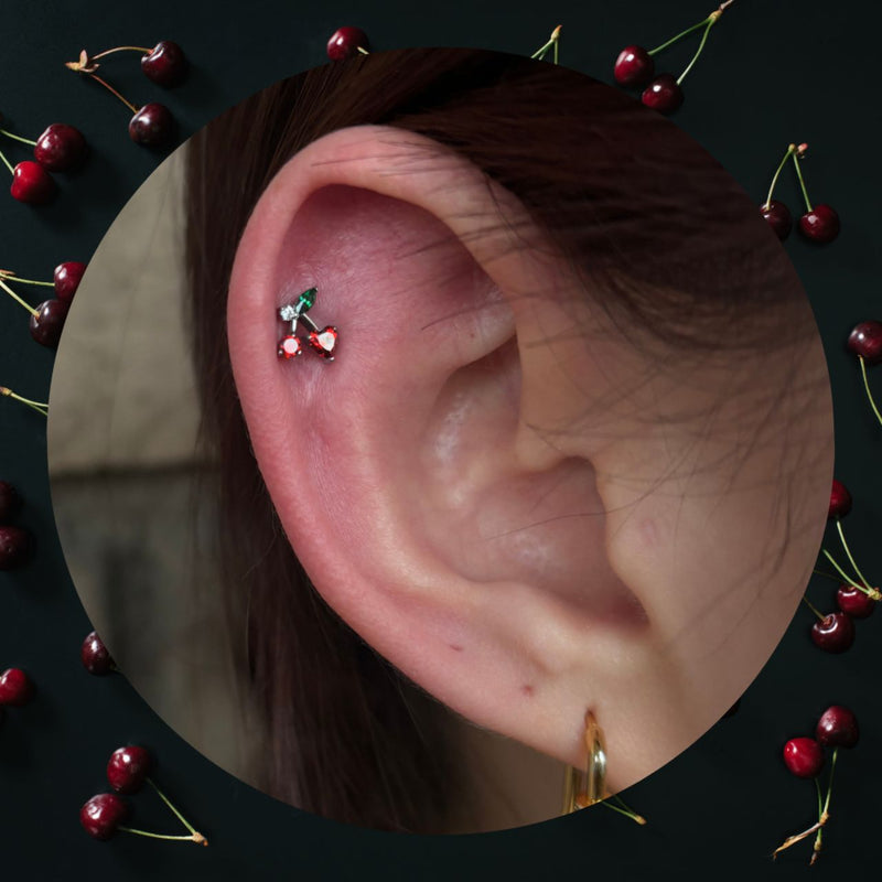 Titanium Threadless Push In CZ Heart Cherry Earring Top with Titanium Flat Backing