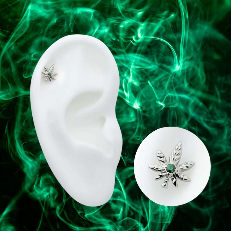 Titanium Push in Threadless Green CZ Weed Leaf 420 Flat Back Earring