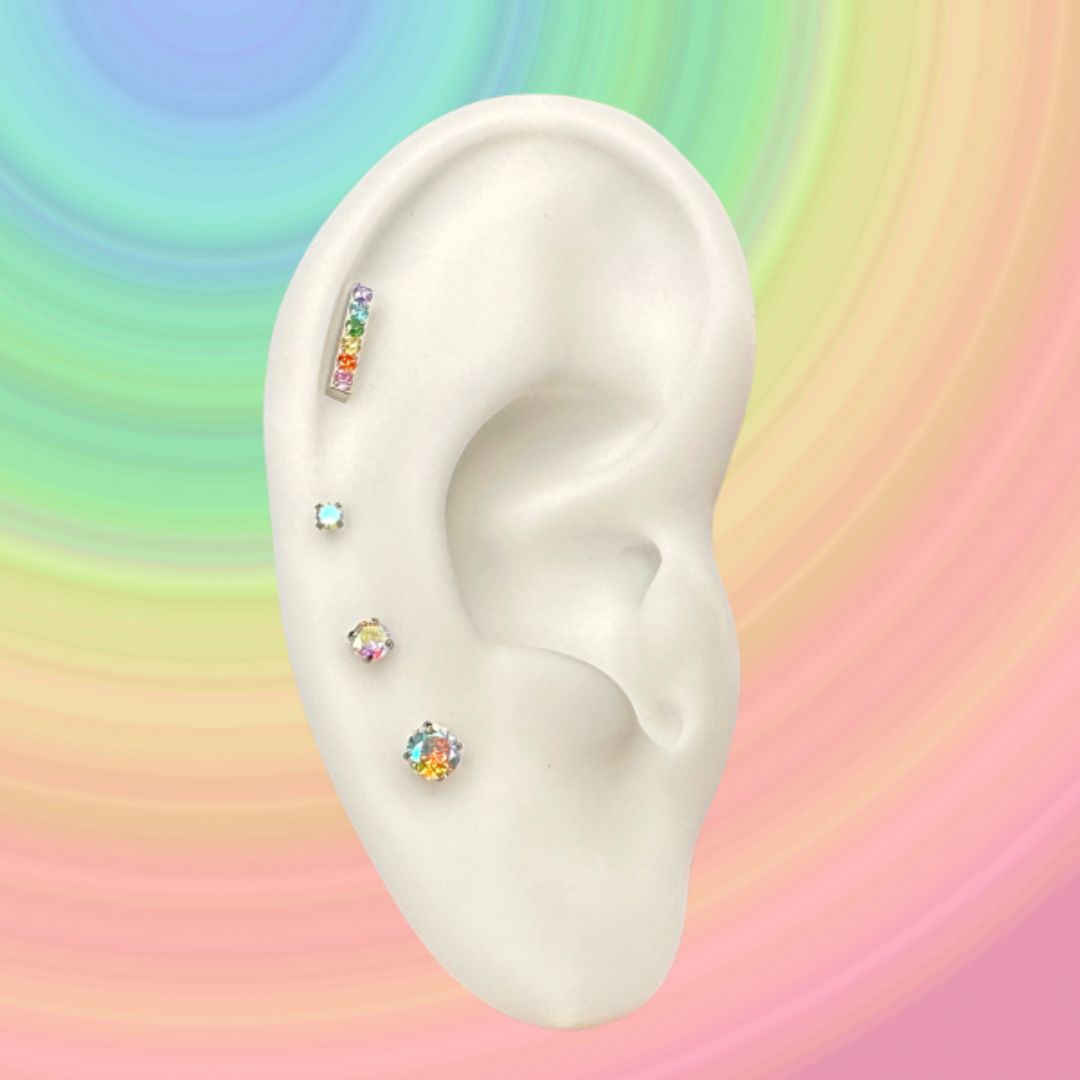 Titanium Threadless Push In Flat Back Rainbow CZ Bar Earring