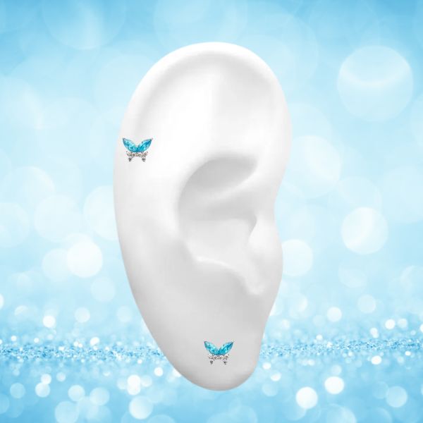 Titanium Threadless CZ Aqua Butterfly Earring Top with Titanium Flat Backing