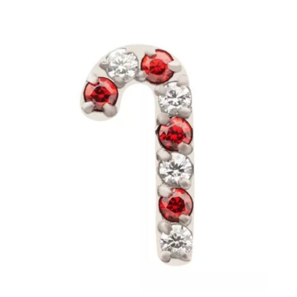 Titanium Threadless CZ Candy Cane Xmas Earring Top with Titanium Flat Backing