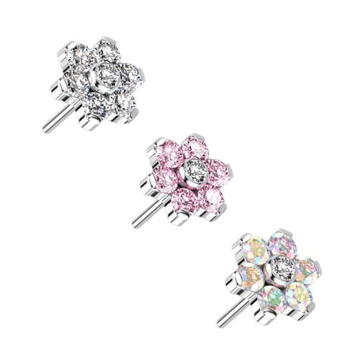 Titanium Threadless Push in Flat Back CZ Flower Earring