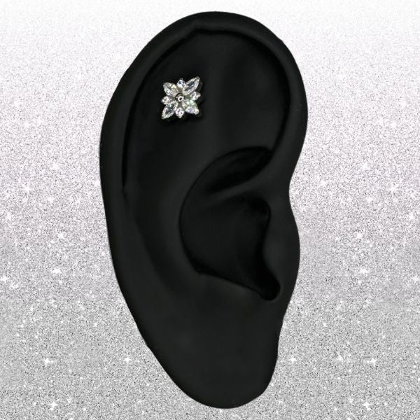 Titanium Threadless CZ Flower Marquis Earring Top with Titanium Flat Backing