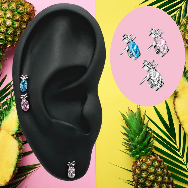 Titanium Threadless Push In Flat Back CZ Pineapple Earring