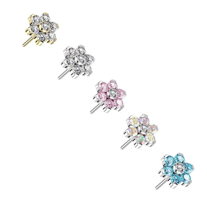 Titanium Threadless Push in Flat Back CZ Flower Earring