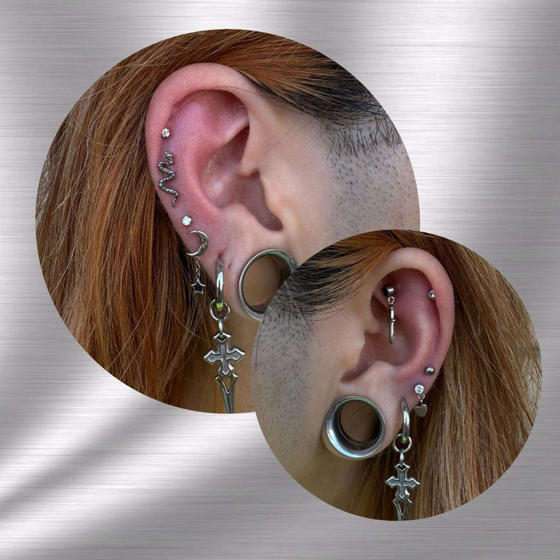 Titanium Threadless Push In Flat Back Moon and Star Dangle Earring