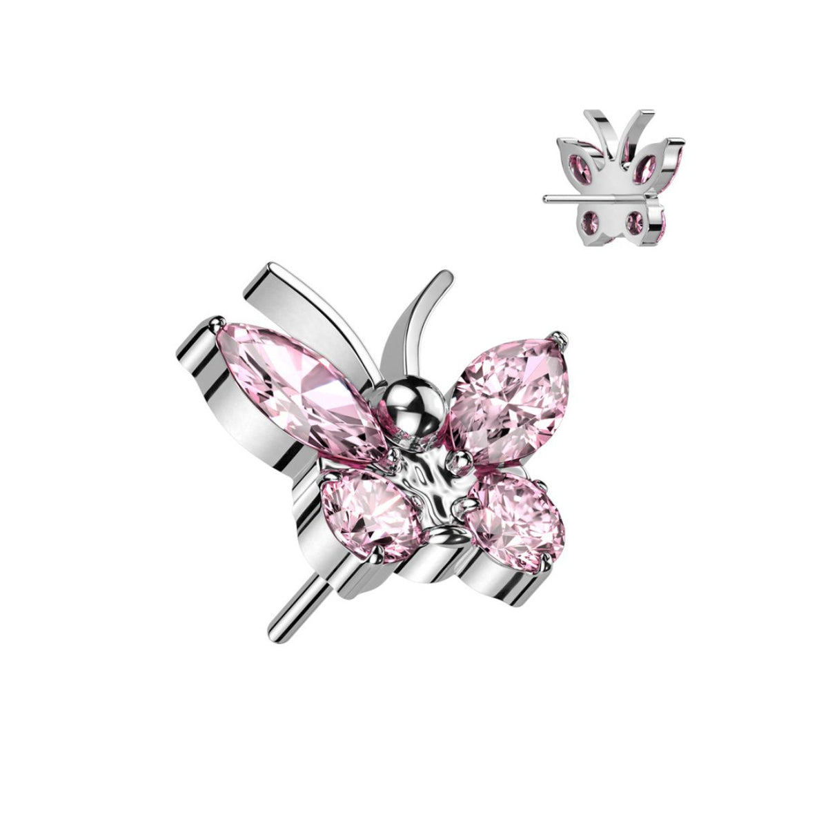 Titanium Threadless Push In Flat Back Pink CZ Butterfly Earring