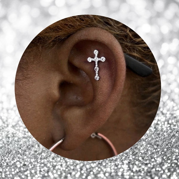 Titanium Threadless Flat Back CZ Cross Earring
