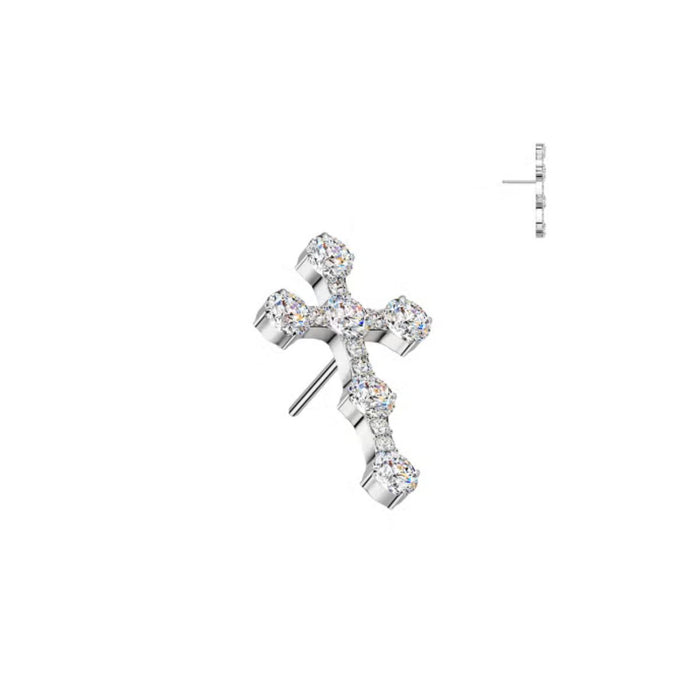 Titanium Threadless Flat Back CZ Cross Earring