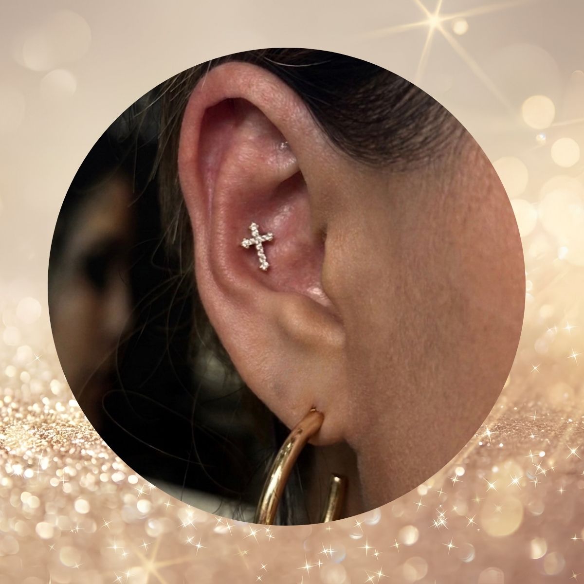 14K Gold Threadless Flat Back CZ Cross Earring with Titanium Backing