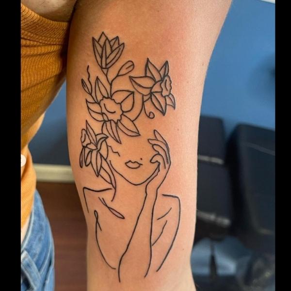 Line Work Flowers out of Head Tattoo Mr Inkwells Tattoo Shop LA and OCs Best Tattoo Shop