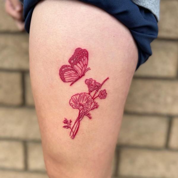 Red Ink Butterfly and Flower Tattoo