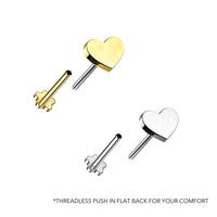 Titanium Threadless Push in  Flat Back Heart Earring