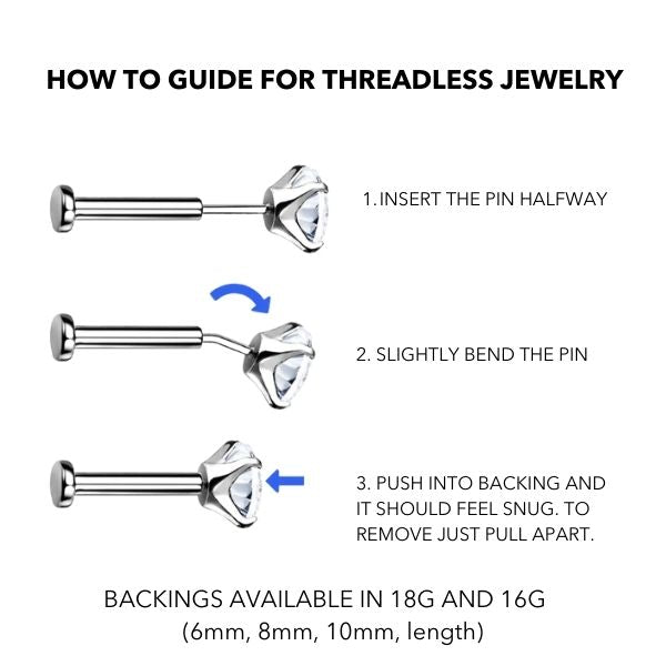 Titanium Threadless Triple CZ Prong and Chains Dangle Earring Top with Titanium flat Backing
