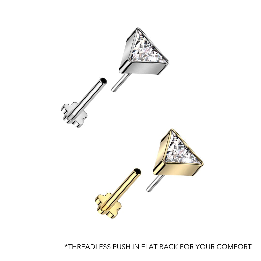 Titanium Threadless Push in Flat Back CZ Triangle Earring