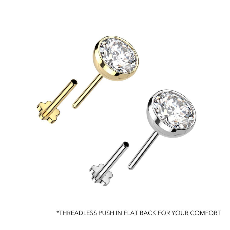 Classic Round Bezel CZ Titanium Threadless Push in Stud Earring