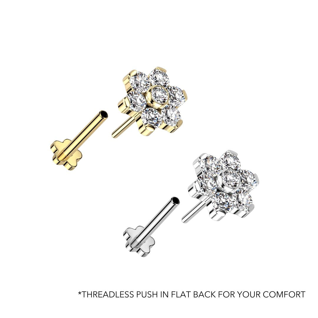 Titanium Threadless Push in Flat Back CZ Flower Earring