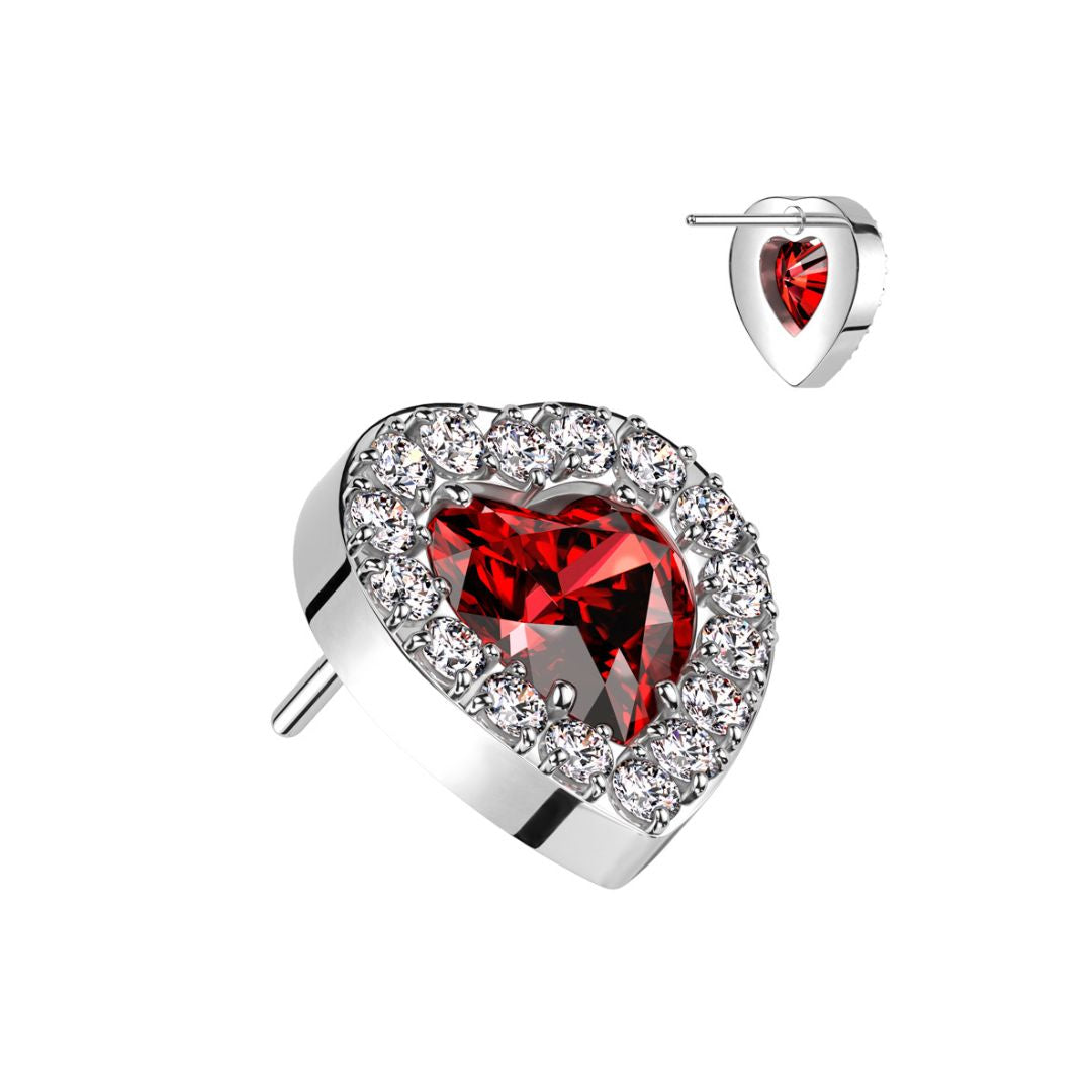 Titanium Push in Flat Back Red CZ Valentine Heart Earring