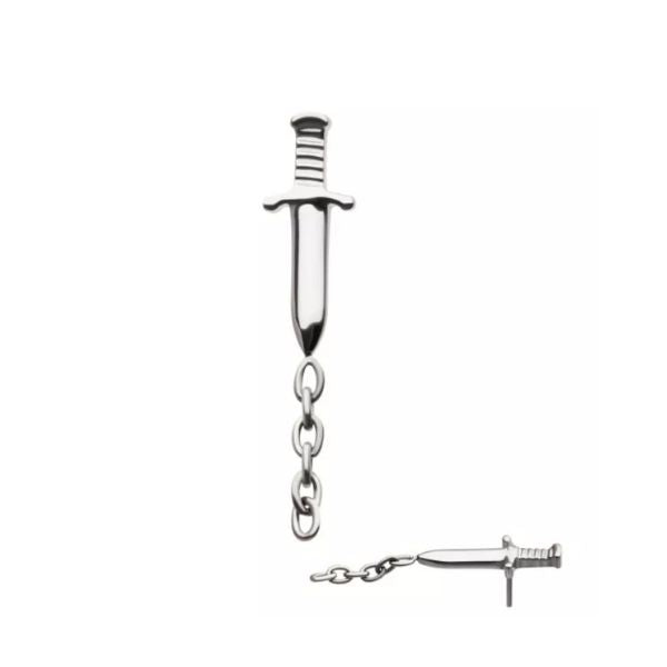 Titanium Threadless Dagger with Chain Earring Top with Titanium Flat Backing