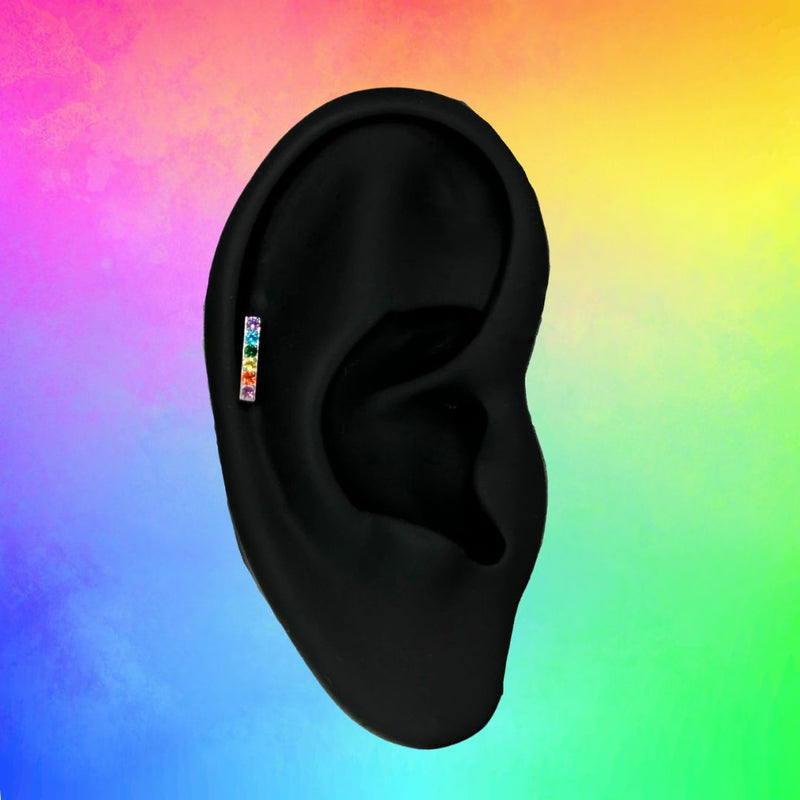 Titanium Threadless Push In Flat Back Rainbow CZ Bar Earring