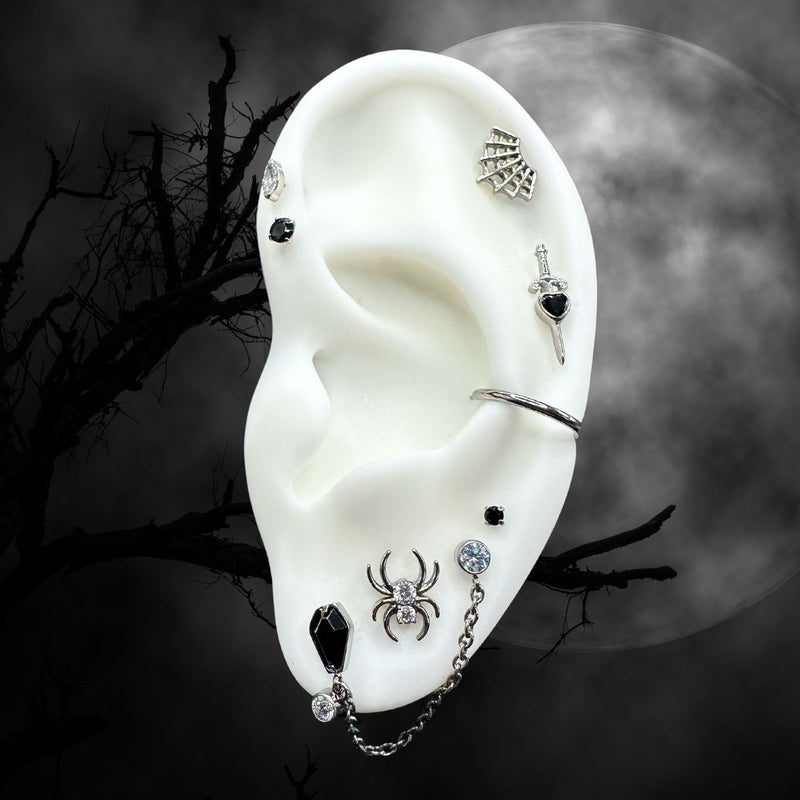 Titanium Threadless Flat Back Black CZ Coffin and Bezel Connector Chain Earring