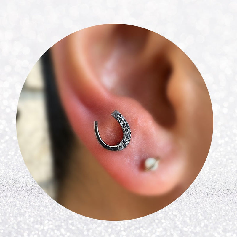 Titanium Threadless Flat Back CZ Horseshoe Earring