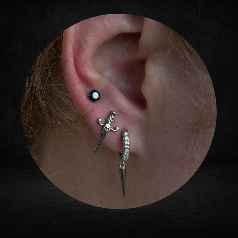Titanium Threadless Push In Flat Back Dagger with Skull Earring