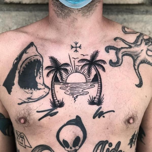 Traditional Sunset Tattoo Mr Inkwells Tattoo Shop LA and OCs Best Tattoo Shop