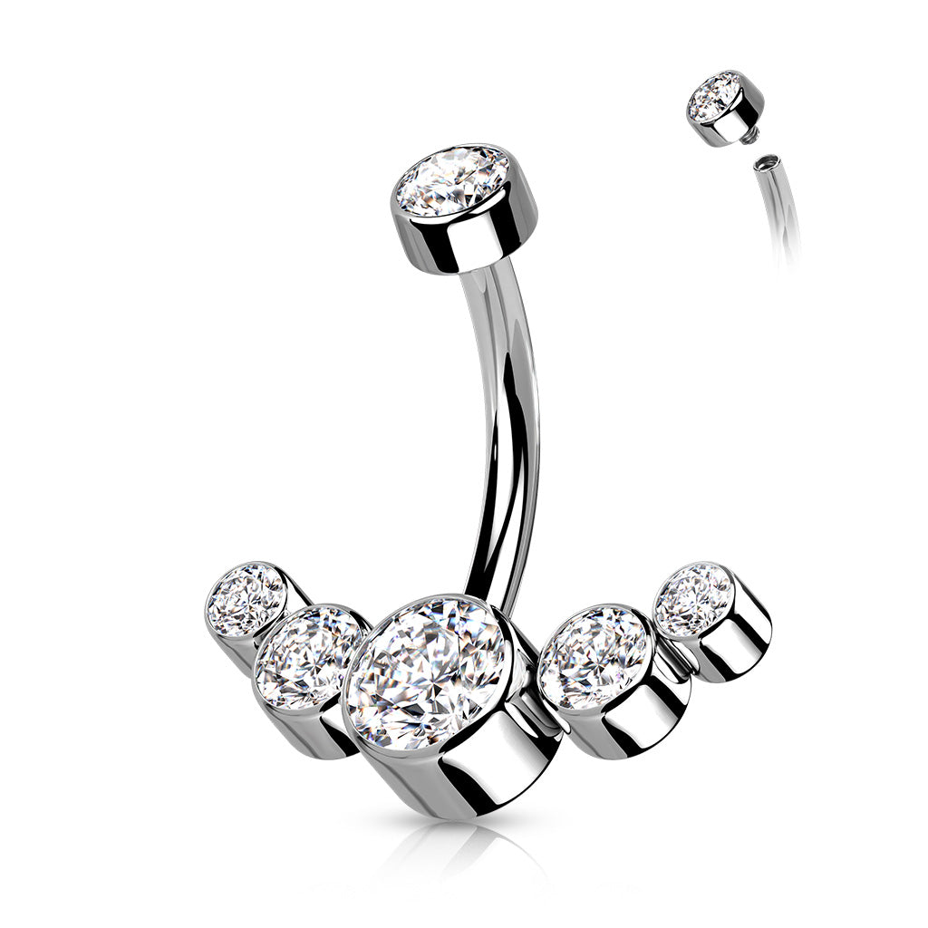 Titanium CZ Bezel Set Top With 5-CZ Curved Line Belly Button Ring
