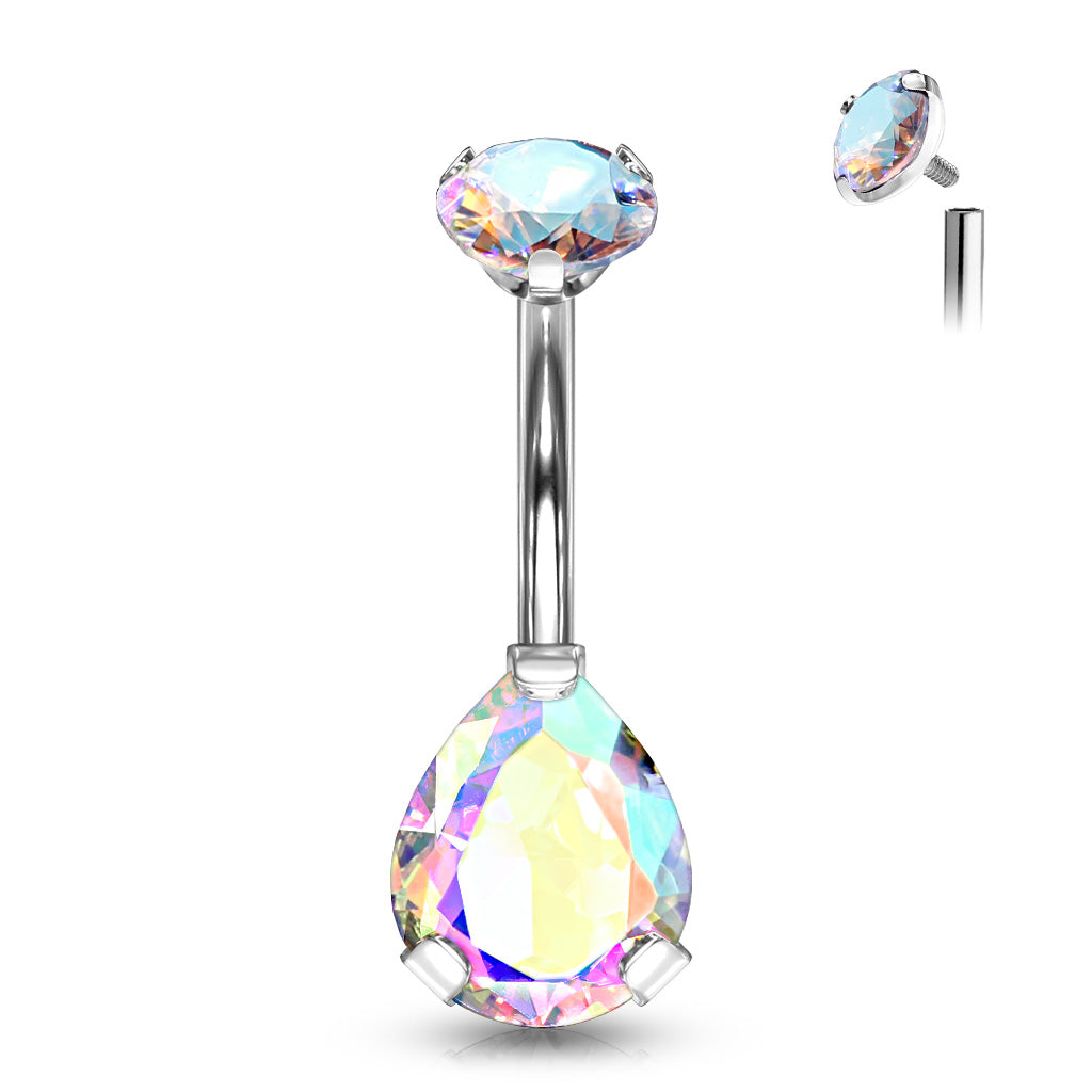 Titanium Round Top CZ With Prong Set Pear CZ Belly Button Ring