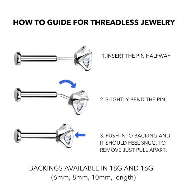 Titanium Threadless CZ Marquis Earring Top with Titanium Flat Backing